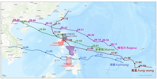 圖1、2025年9月至11月菲律賓連續遭颱風登陸侵襲路徑與主要受災地區