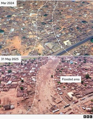 圖5、Mokwa鎮2025年洪水沖刷路徑與2024年空拍影像比對圖(資料來源：BBC News，https://reurl.cc/NYeXrx)