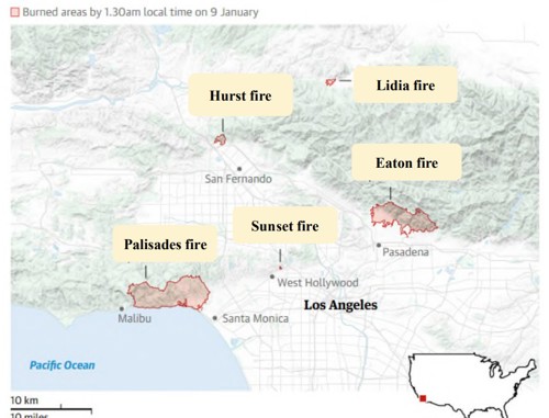 圖1、2025年1月南加州野火災害事件之發生位置與範圍