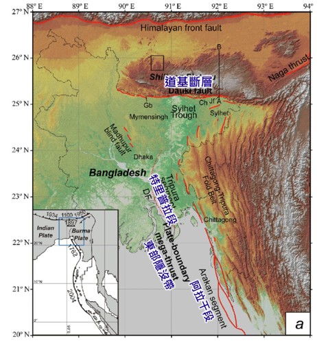 圖3、孟加拉地區活動斷層分布圖(資料來源：Morino etc.(2014)；災防科中心製圖)[10]