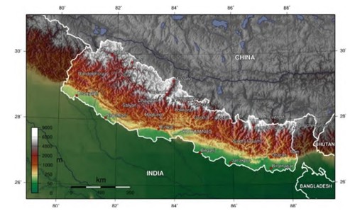 圖3、尼泊爾地形圖(資料來源：維基百科)