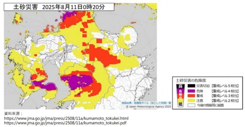 圖5、8月11日發布熊本縣土砂災害危險度(資料來源：JMA)[5]
