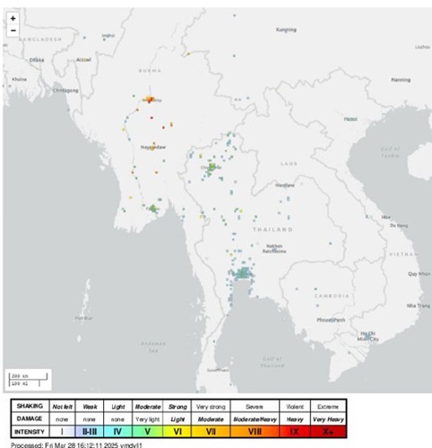 圖5、緬甸地震感受度分布圖 (資料來源：臺灣地震科學中心[4])