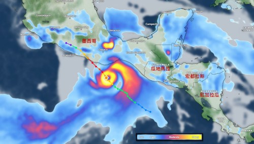圖1、颶風Erick路徑與雨量分布(資料來源：ZOOM EARTH)[1]
