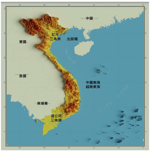 圖1、越南地理位置與地形圖 (資料來源：底圖：https://i.redd.it/0o6tx1zz15o81.png；標示：災防科技中心)
