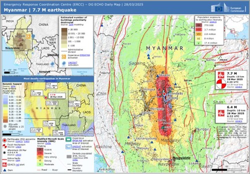圖1、緬甸中部2025年3月28日6時30分(UTC) Mw 7.7 地震相關資訊圖 (資料來源：ERCC [3])