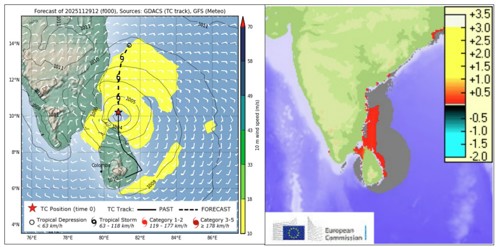 圖2、迪特瓦(DITWAH-25)氣象資訊圖，(左)最大風速；(右) 最大風暴潮。