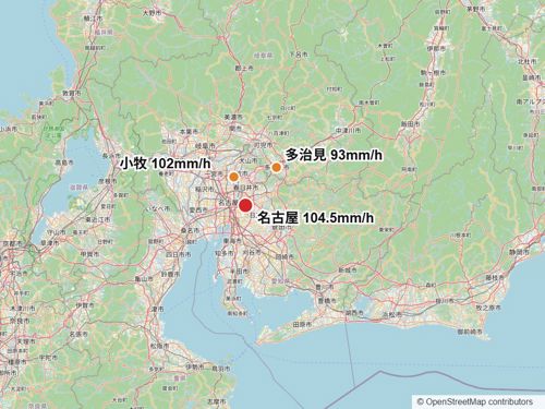 2026年9月8日名古屋豪雨主要降雨區域之雨量測站最大時雨量