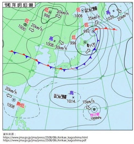 圖1、日本於2025年8月8日之地面天氣圖(資料來源：JMA)[3]