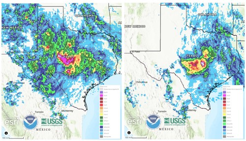 圖3、美國德州[註1]累積雨量 (左：20250703UTC1200-20250704UTC1200；右：20250704UTC1200-20250705UTC1200)(資料來源：NOAA NWPS[11])