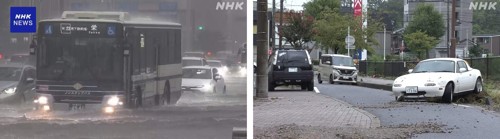 名古屋市中心道路淹水(左)及植田川溢流翌日名東區道路泥砂與泡水車輛(右)