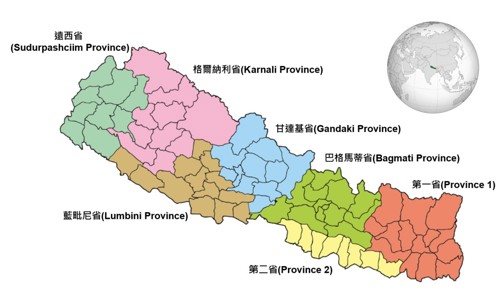 圖1、尼泊爾位置與行政區位(資料來源：維基百科，災防科技中心繪製)
