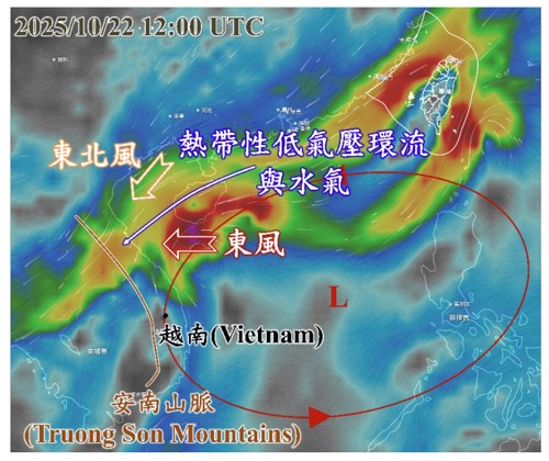 圖2、2025年10月22日12UTC 850hPa水氣通量圖