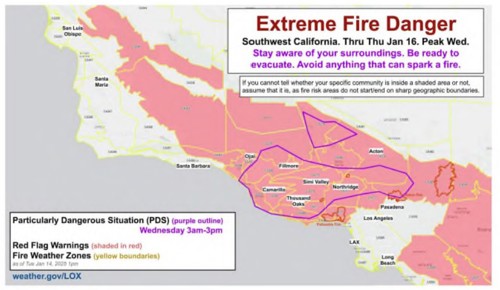 圖10、NWS針對洛杉磯與文圖拉發布火災紅旗PDS警告