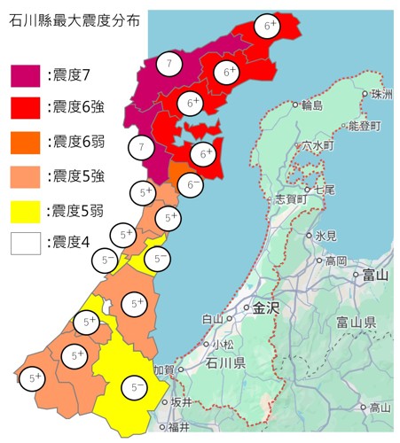 圖1、石川縣最大震度分布圖(底圖：Google[2]；製圖：國家災害防救科技中心(以下簡稱災防科技中心))