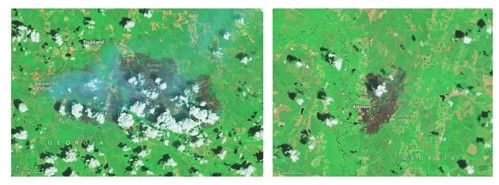 圖7、2026年4月23日松地路火災(左)與82號公路火災(右)衛星影像