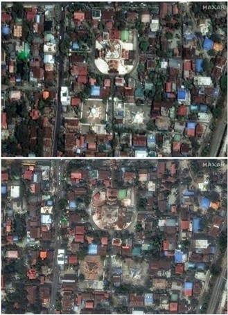 圖4、曼德勒阿南達佛塔和賓達亞修道院因緬甸地震倒塌前影像[上圖]與後影像[下圖] (資料來源：公視新聞網[7])