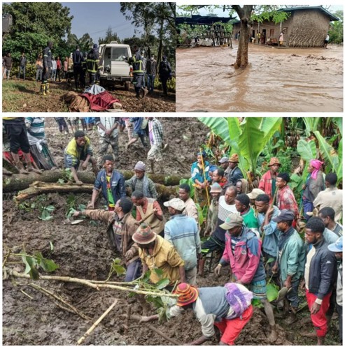 圖2、衣索比亞甘莫地區馬佐多伊薩鎮的居民在山崩現場進行挖掘作業與淹水情況