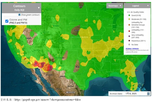 圖3、2025年1月美國南加州野火事件造成之空氣汙染分布圖(資料來源：EPA)[4]