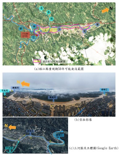 圖4、榕江縣地理空間位置(a)重現期50年可能淹沒範圍[13]；(b)洪災空拍影像；(c)三河匯流立體圖 (災防科技中心參考資料綜整繪製，空拍圖資料來源：中國科技網[14])