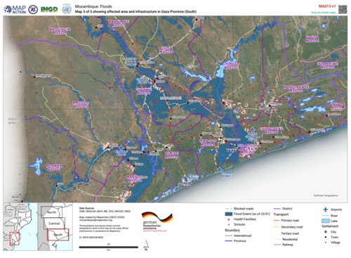 圖2、莫三比克加扎省沿海1月23日淹水範圍與影響