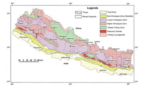 圖2、尼泊爾地質圖(資料來源：Dahal and Hasegawa, 2008)
