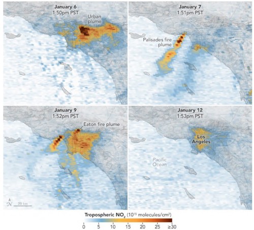圖3、2025年1月加州野火期間之二氧化氮排放監測情況