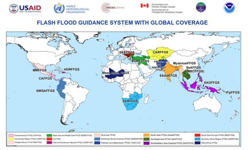 圖6、全球暴洪預警系統（FFGS）分布圖，圖中紫色區塊為東南亞-大洋洲暴洪預警系統（SAOFFG）（資料來源：WMO[30]）
