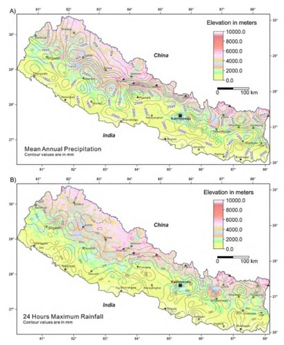 圖4、尼泊爾年雨量累積分布圖(資料來源：Dahal and Hasegawa, 2008)
