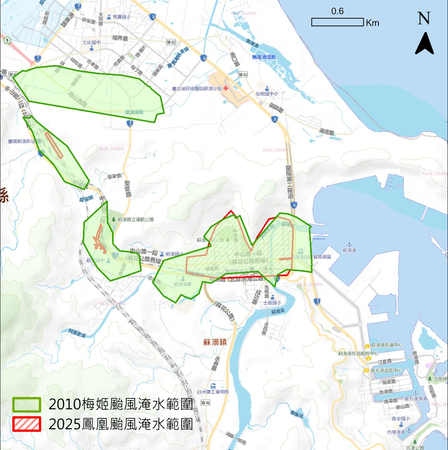2025年鳳凰颱風與2010年梅姬颱風蘇澳市區淹水範圍比較圖
